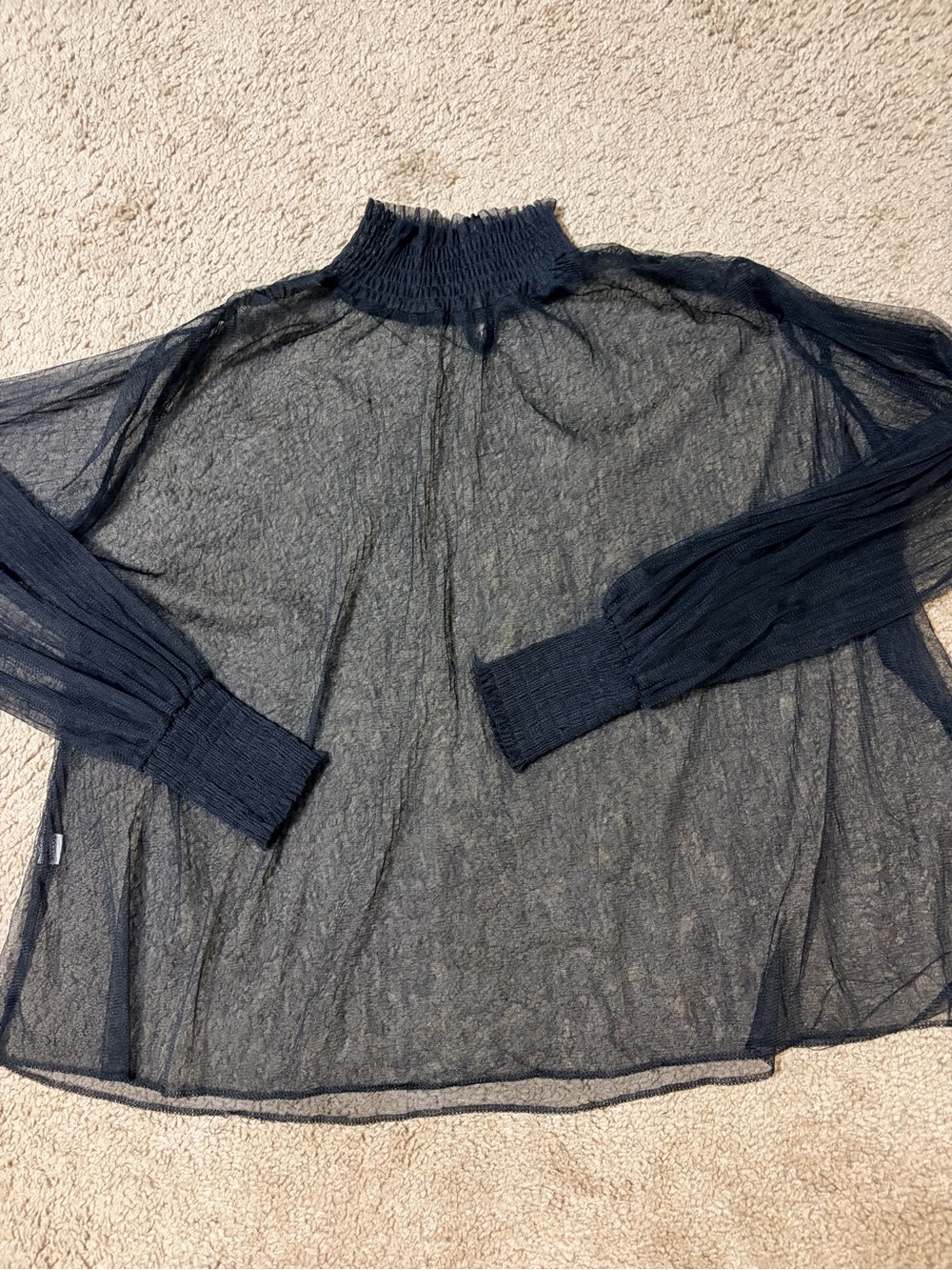 Sheer Mock Neck Long-Sleeve Blouse in Navy